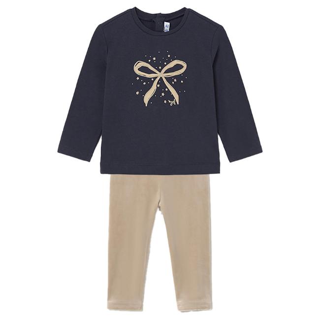 Picture of Mayoral Toddler Girls Winter Gold Bow Top & Velour Leggings Set X 2 - Navy Beige