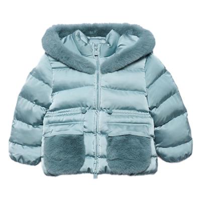 Picture of Abel & Lula Girls Satin Coat With Hood & Faux Fur Trims - Aqua