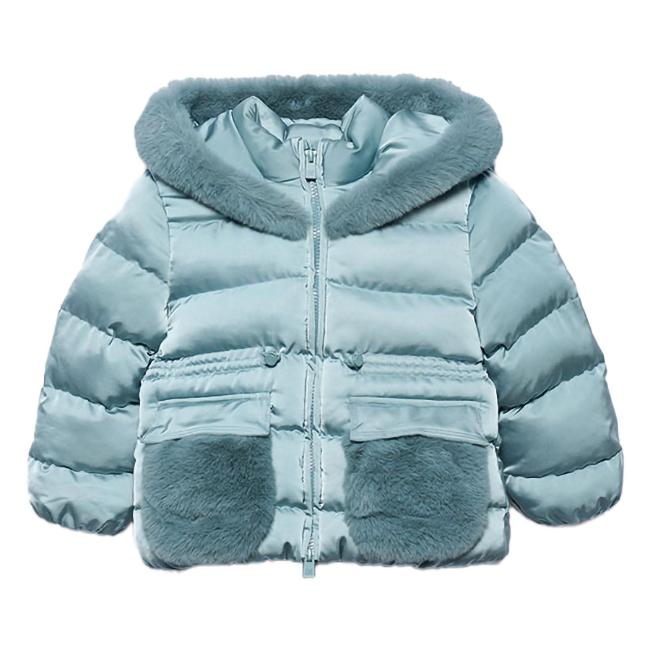 Picture of Abel & Lula Girls Satin Coat With Hood & Faux Fur Trims - Aqua