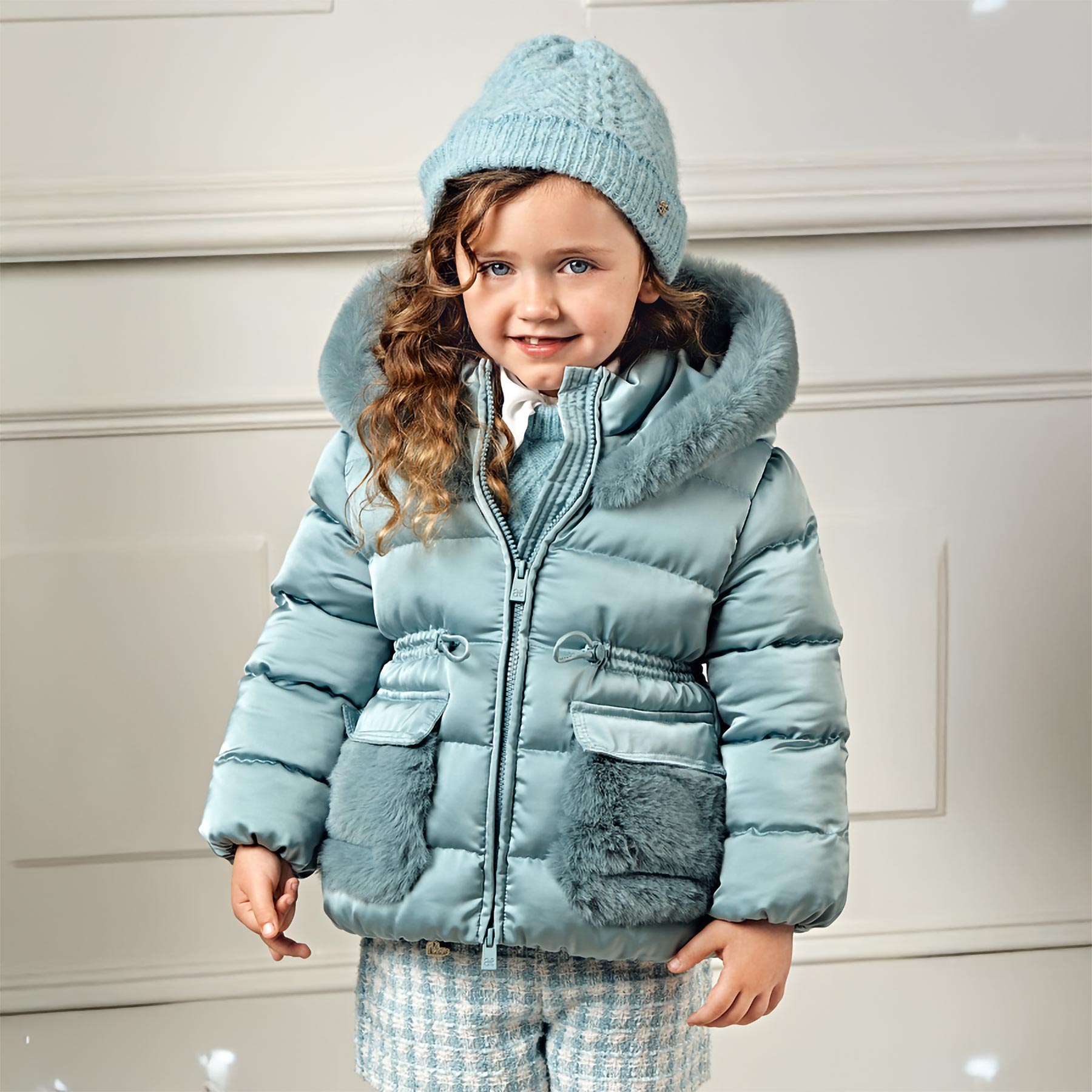 Abel & Lula Girls Satin Coat With Hood & Faux Fur Trims - Aqua.