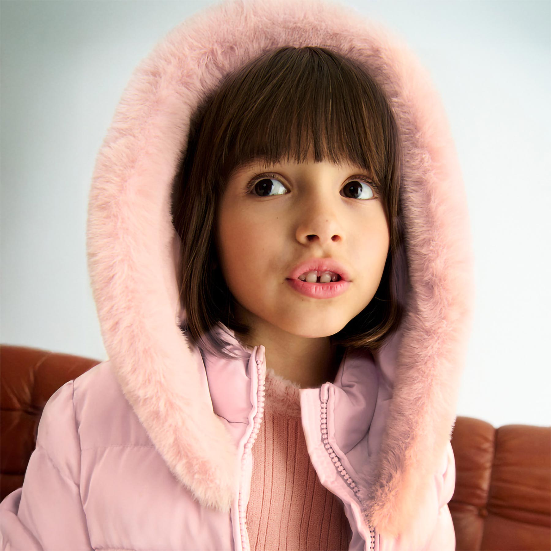 Abel & Lula Girls Satin Coat With Hood & Faux Fur Trims