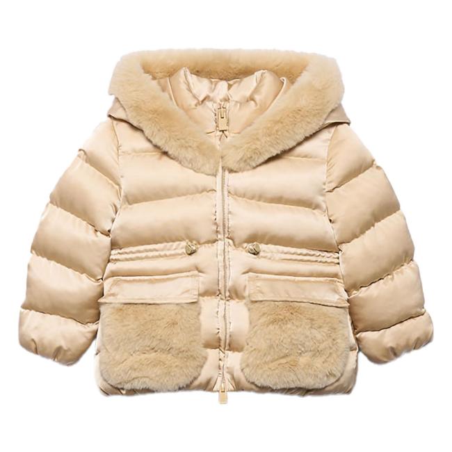 Picture of Abel & Lula Girls Satin Coat With Hood & Faux Fur Trims - Almond