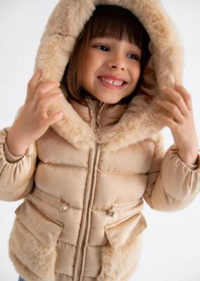Picture of Abel & Lula Girls Satin Coat With Hood & Faux Fur Trims - Almond
