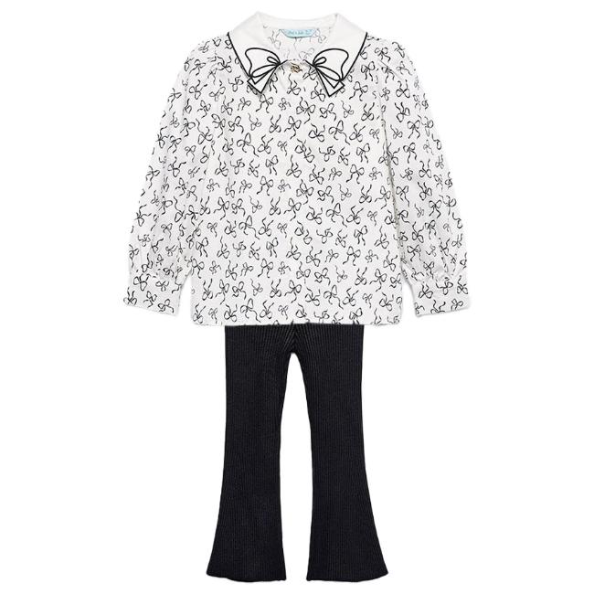 Picture of Abel & Lula Girls Bow Blouse & Flared Ribbed Leggings Set X 2 - Ivory Black
