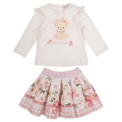 Picture of Monnalisa Bebe Girls Bear Ruffle Top & Skirt Set X 2 - Ivory Pink