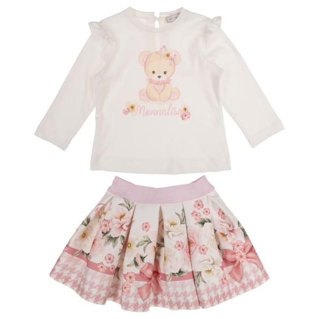 Picture of Monnalisa Bebe Girls Bear Ruffle Top & Skirt Set X 2 - Ivory Pink