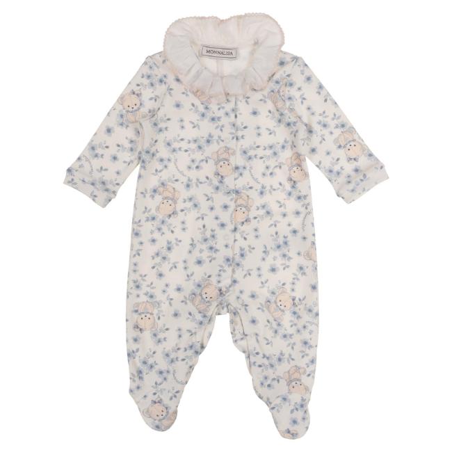 Picture of Monnalisa Bebe Girls Bear & Floral Ruffle Babygrow - Blue
