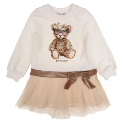 Picture of Monnalisa Girls Diamante Teddy Tulle Dress - Ivory Beige