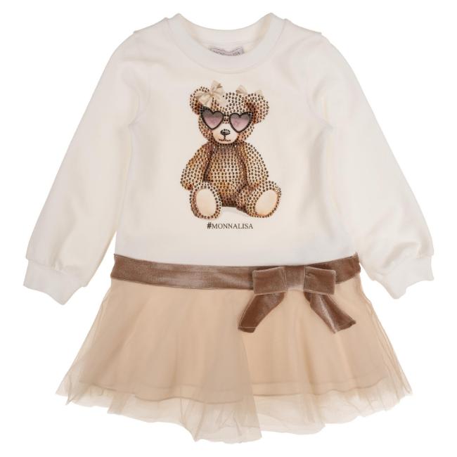 Picture of Monnalisa Girls Diamante Teddy Tulle Dress - Ivory Beige