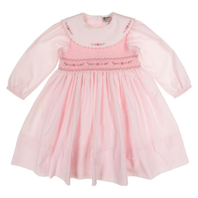 Picture of Sarah Louise Girls Smocked Bodice Wide Collar Dress - Pale Pink Beige