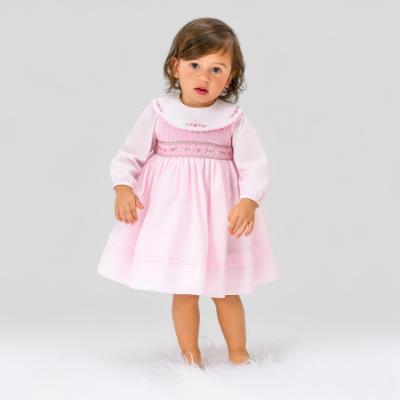 Picture of Sarah Louise Girls Smocked Bodice Wide Collar Dress - Pale Pink Beige