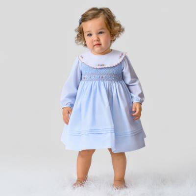 Picture of Sarah Louise Girls Smocked Bodice Wide Collar Dress - Pale Blue Coral