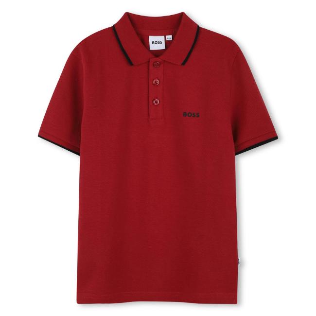Picture of BOSS Boys Short Sleeve Pique Cotton Polo Top - Grenade Red Black