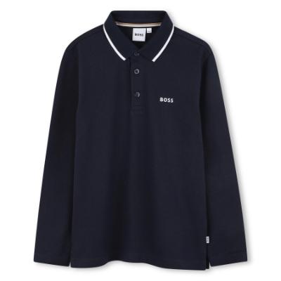 Picture of BOSS Boys Long Sleeve Pique Cotton Polo Top - Navy Blue White