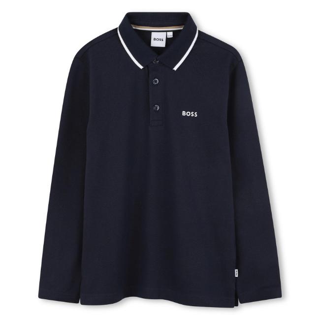 Picture of BOSS Boys Long Sleeve Pique Cotton Polo Top - Navy Blue White