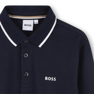 Picture of BOSS Boys Long Sleeve Pique Cotton Polo Top - Navy Blue White