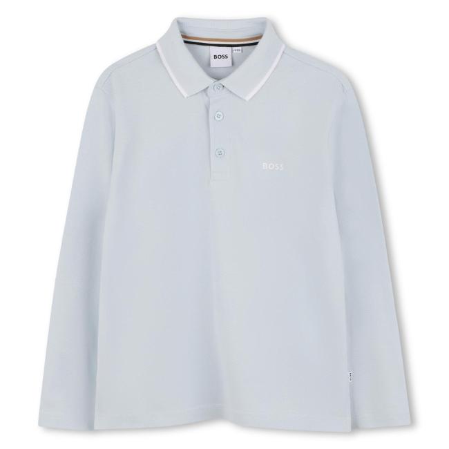Picture of BOSS Boys Long Sleeve Pique Cotton Polo Top - Pale Blue White
