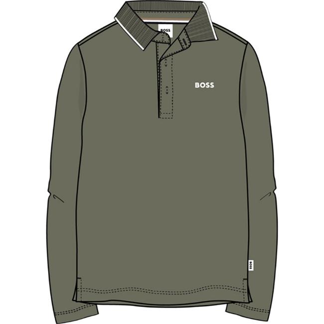 Picture of BOSS Boys Long Sleeve Pique Cotton Polo Top - Green White
