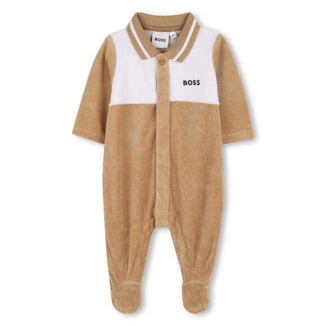 Picture of BOSS Baby Boys Logo Velour Sleepsuit - Beige