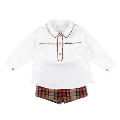 Picture of Foque Boys Shirt  & Check Shorts Set - Ivory Brown Beige