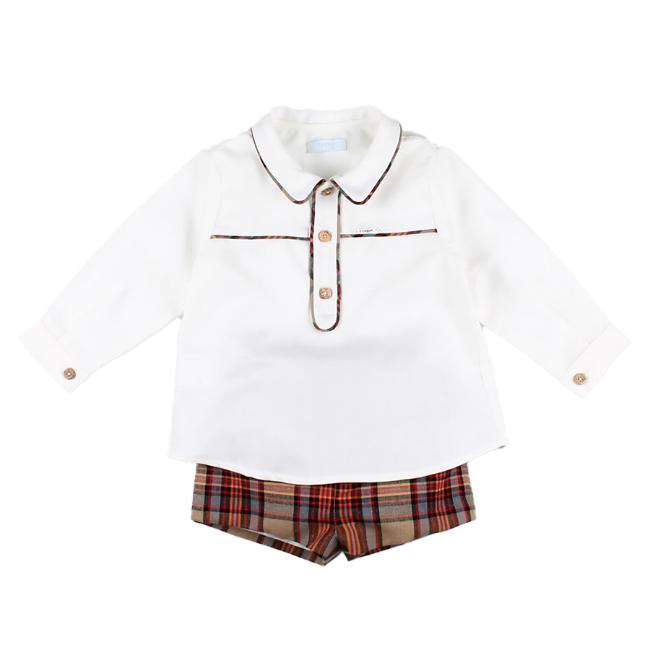 Picture of Foque Boys Shirt  & Check Shorts Set - Ivory Brown Beige