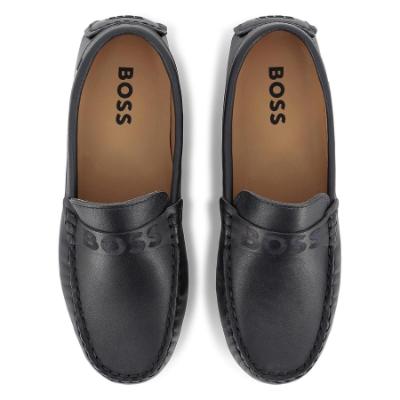 Picture of BOSS Boys Slip On Leather Logo Moccasin Loafer - Navy Blue