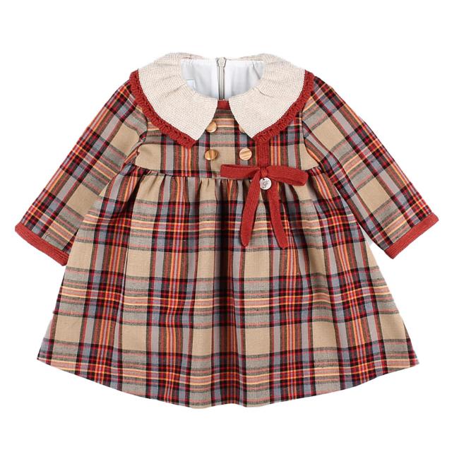 Picture of Foque Girls Check Dress With Knitted Collar - Brown Beige