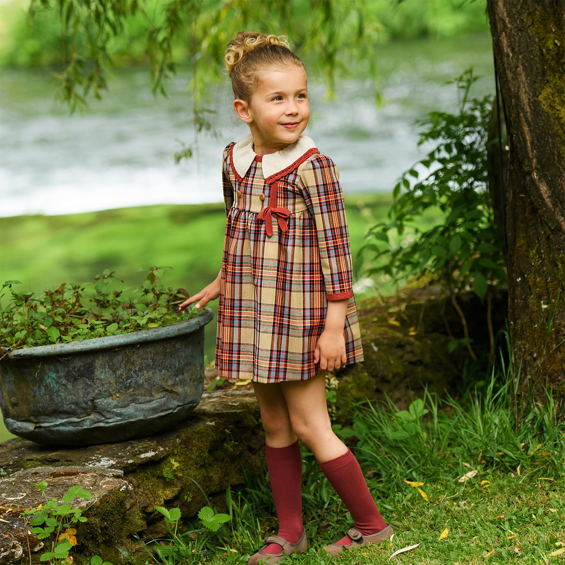 Foque Girls Check Dress With Knitted Collar - Brown Beige.