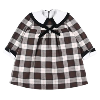 Picture of Foque Girls Check Dress With Contrasting Collar - Brown Beige Black