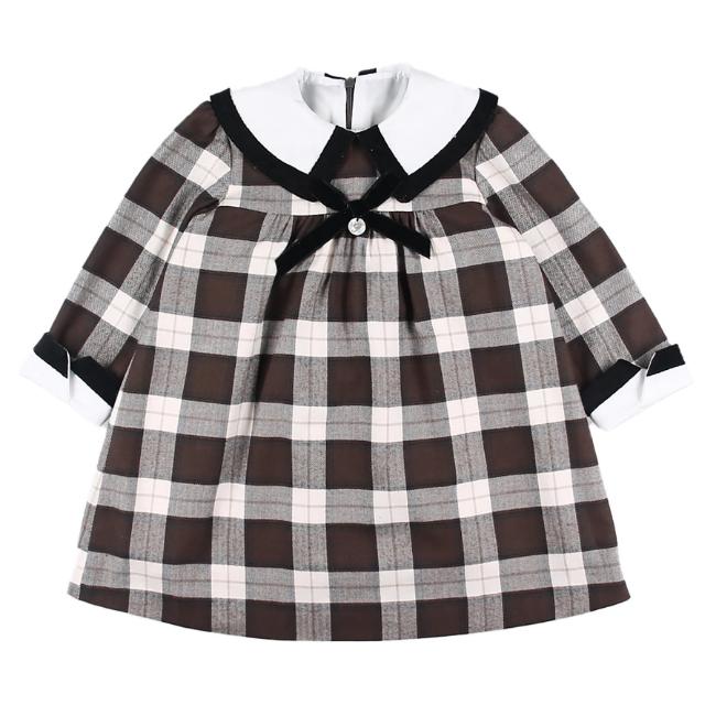 Picture of Foque Girls Check Dress With Contrasting Collar - Brown Beige Black