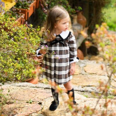 Picture of Foque Girls Check Dress With Contrasting Collar - Brown Beige Black