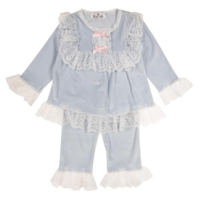 Picture of Beau KiD Girls Velour Pyjamas With Lace - Pale Blue  White