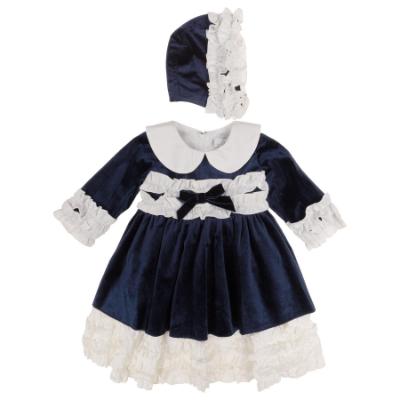 Picture of Beau KiD Girls Ruffle Velvet Dress & Bonnet Set X 2 - Navy Ivory