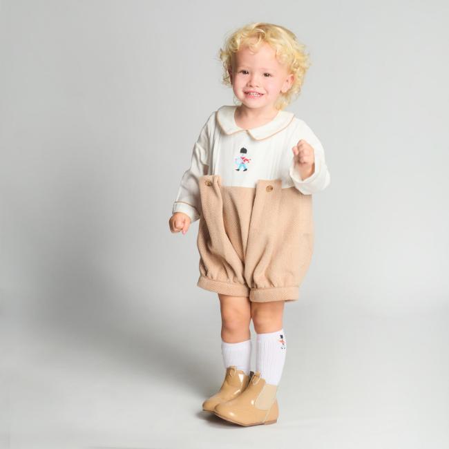 Picture of Beau KiD Boys  Embroidered Soldier Herringbone Romper - Camel