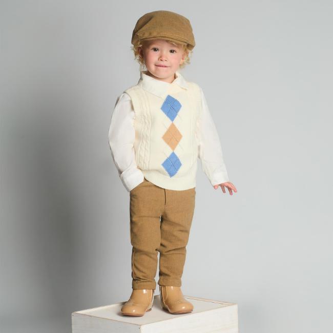 Picture of Beau KiD Boys Diamond Tank Top Shirt Trousers  Cap Set X 4 - Ivory Brown