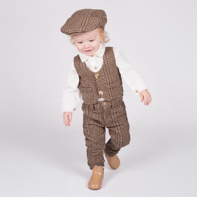 Picture of Beau KiD Boys Check Waistcoat Shirt Trousers Cap Set X 4  - White Brown