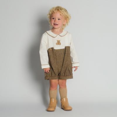 Picture of Beau KiD Boys  Embroidered Teddy Check Romper - Brown Beige