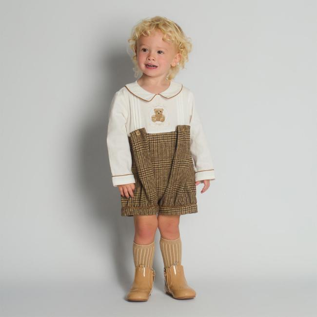 Picture of Beau KiD Boys  Embroidered Teddy Check Romper - Brown Beige