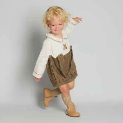 Picture of Beau KiD Boys  Embroidered Teddy Check Romper - Brown Beige