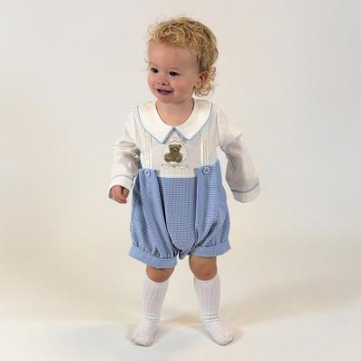 Picture of Beau KiD Boys  Embroidered Teddy Check Romper - Ivory Blue