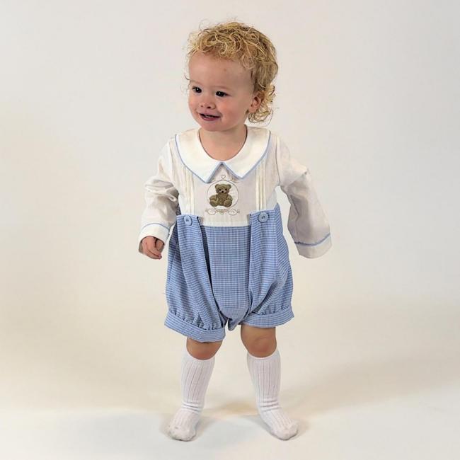Picture of Beau KiD Boys  Embroidered Teddy Check Romper - Ivory Blue