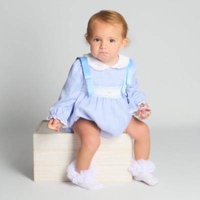 Picture of Beau KiD Girls Smocked Long Sleeve Check Romper- Ivory Blue