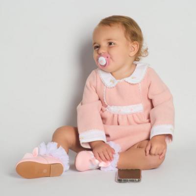 Picture of Beau KiD Girls Smocked Long Sleeve Herringbone Romper- Ivory Pink