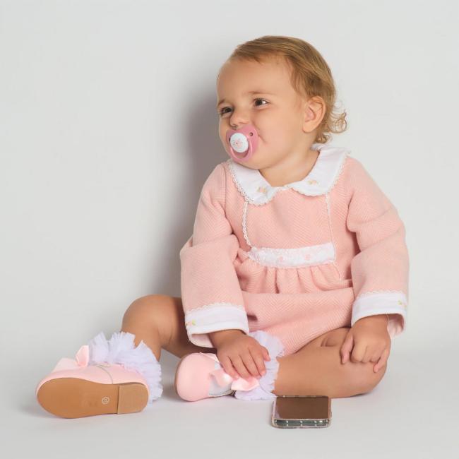 Picture of Beau KiD Girls Smocked Long Sleeve Herringbone Romper- Ivory Pink