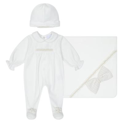 Picture of Deolinda Chic Baby Girls Tweed & Pearl Blanket Sleepsuit & Hat Set X 3 - Ivory Gold