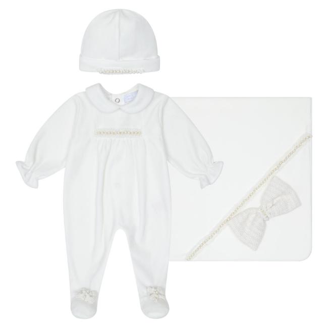 Picture of Deolinda Chic Baby Girls Tweed & Pearl Blanket Sleepsuit & Hat Set X 3 - Ivory Gold