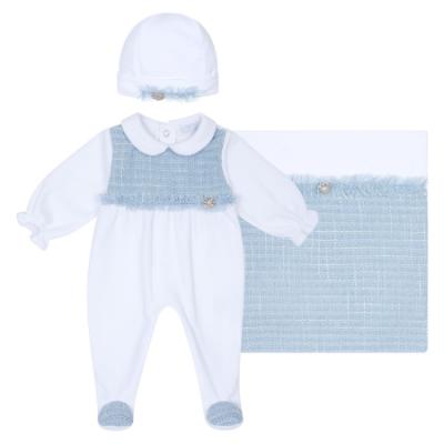Picture of Deolinda Chic Baby Girls Tweed Panel Blanket Sleepsuit & Hat Set X 3 - Blue