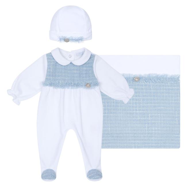 Picture of Deolinda Chic Baby Girls Tweed Panel Blanket Sleepsuit & Hat Set X 3 - Blue