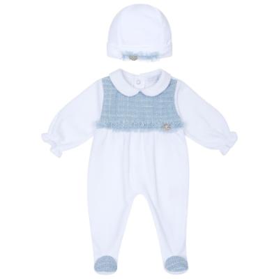 Picture of Deolinda Chic Baby Girls Tweed Panel Blanket Sleepsuit & Hat Set X 3 - Blue