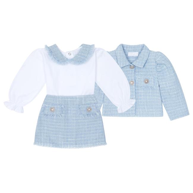 Picture of Deolinda Chic Girls Tweed Top Skirt Jacket Set X 3 - White Blue